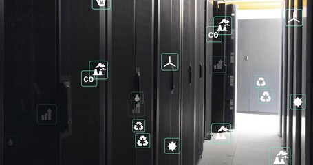 Poster - Animation of eco icons and data processing over computer servers