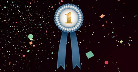 Poster - Animation of blue and white rosette with number 1 and falling confetti on black background