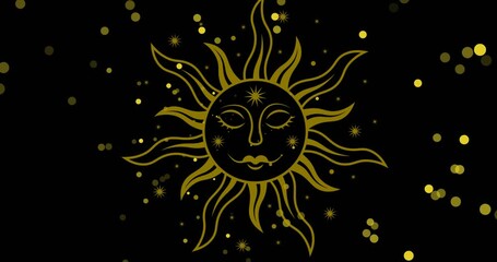 Wall Mural - animation of gold sun face and yellow light spots on black background
