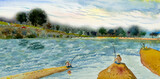 Fototapeta Nowy Jork - Watercolor landscape original painting on paper colorful of people fishing on the river