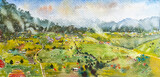 Fototapeta Nowy Jork - Travel rural village scenery farm landmarks in Thailand. Watercolor landscape original paintings