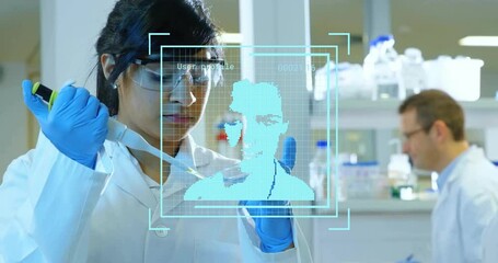 Poster - Animation of data processing over biracial female scientist in laboratory