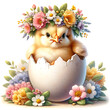 cute baby chicken with flower wreath in a cracked egg watercolor illustration