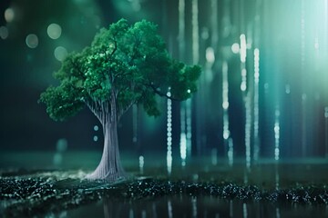 Fintech concept - a tree whose trunk and branches are made of rising financial graphs and currency symbols