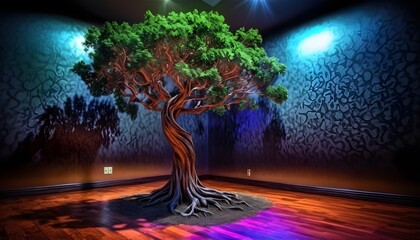 Holographic tree in an empty room, colorful geometric blu lights pattern on the walls