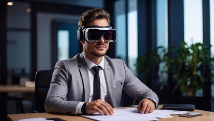 portrait of a smiling happy man VR glasses against the backdrop of the city landscape