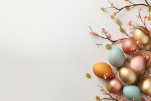 Beautiful Easter Eggs And Tree Branches On Light Background With Space For Text