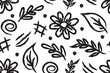 Seamless childish pattern with fairy flowers. Hand drawn black charcoal flowers with leaves. Ink drawing wild plants, herbs. Botanical ornament with branches. Dry brush style floral motives.