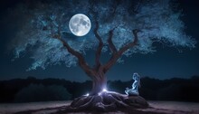 Girl Silhouette Meditating Under  A Large Olive Tree At Night, Light Blue Aura Light Coming From The Trunk And Glowing On Her Figure, Moon Between The Branches