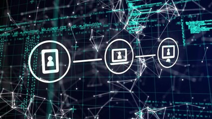 Poster - Animation of network of connections and data processing over black background