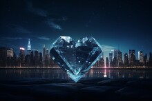 a large diamond shaped like a heart with a city in the background