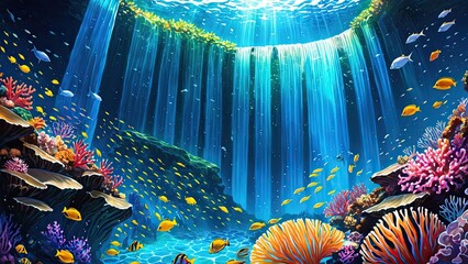 Wall Mural - The beauty of a underwater waterfall in fantasy. Paradise. Colorful coral reefs