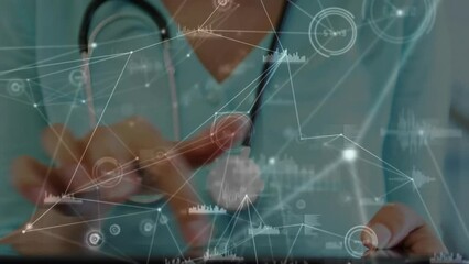 Poster - Animation of connections over caucasian female doctor using tablet in hospital