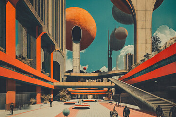 Poster - Retrofuturistic landscape in mid-century sci-fi style. Retro science fiction scene with futuristic city buildings.