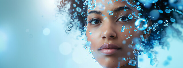 Wall Mural - a beautiful black woman with blue eyes portrait blue tones hydrating serum molecules structure and f