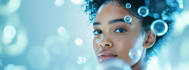 Wall Mural - a beautiful black woman with blue eyes portrait blue tones hydrating serum molecules structure and f