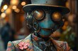 Steampunk-Inspired Robot with a Flower in its Hat Generative AI