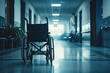 A wheelchair positioned in a hospital corridor, symbolizing mobility and care