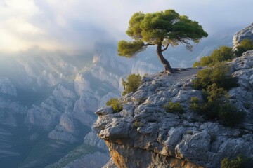 Sticker - A solitary tree perched atop a rugged cliff, overlooking the vast expanse of sea and mountains.