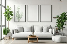 Three Vertical Frame Mockup, ISO A2 Frame Mockup, Mockup Poster On The Wall Of Living Room. Interior Mockup, Modern Living Room With White Sofa And Beige Pillows Wall Art Mockup