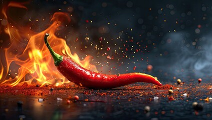 Wall Mural - A vivid red chili pepper captured up close, its edges embraced by licking flames, radiating heat and spice