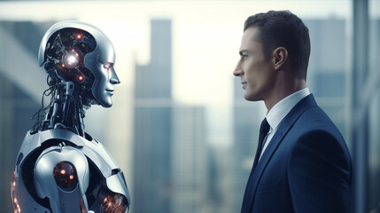 Poster - businessman interacting with a AI robot, business discussing business strategies with a futuristic humanoid robot, Artificial intelligence advancement concept, AI in business 