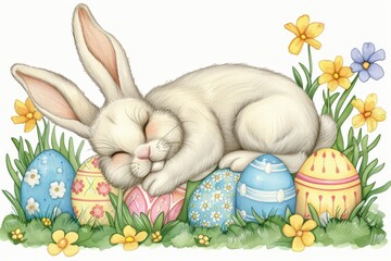 Wall Mural - Happy Easter Eggs Basket stations of the cross. Bunny in flower easter vfx decoration Garden. Cute hare 3d flamboyant easter rabbit spring illustration. Holy week classic card card wallpaper blessing