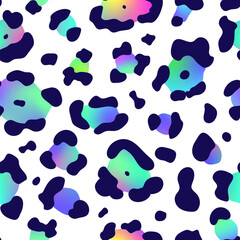 Poster - Trendy Neon Leopard seamless pattern. Vector shiny gradient wild animal leo skin, cheetah texture with hand drawn spots on white background for fashion print design, textile, wrapping paper