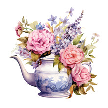 Teapot With Flower Bouquet And Teacup