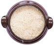 Ceramic pot with raw rice on a transparent background.