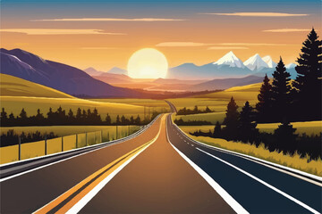 Road landscape View. Beautiful Landscape showing view of a road leading to city and hills. Landscape of a highway with mountains in the background. vacation trip. Vector Illustration.