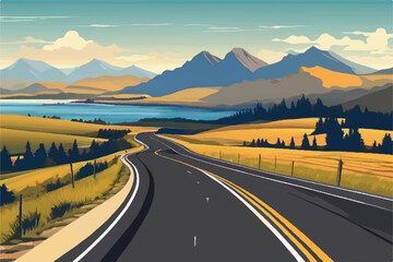 Wall Mural - Road landscape View. Beautiful Landscape showing view of a road leading to city and hills. Landscape of a highway with mountains in the background. vacation trip. Vector Illustration.
