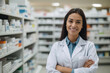 © NOWO - Portrait of a pharmacist in a pharmacy, standing between shelves of medications. Professionals working in drugstore or chemist's.