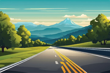 Beautiful Road landscape Background. Beautiful Landscape showing view of a road leading to city and hills. Landscape of a highway with mountains in the background. vacation trip. Vector Illustration.