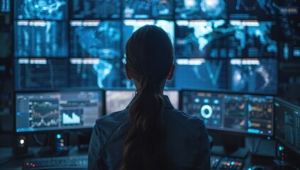 Wall Mural - Woman sits engrossed before network of screens eyes reflecting intricate web of technology amidst dark room focus is unyielding navigates vast expanse of cyberspace