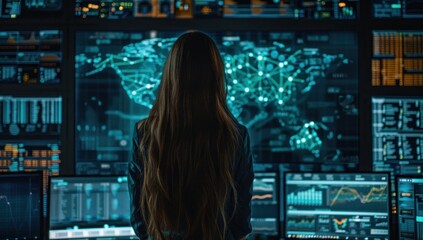 Wall Mural - Woman sits engrossed before network of screens eyes reflecting intricate web of technology amidst dark room focus is unyielding navigates vast expanse of cyberspace