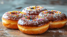 Homemade Donuts With Chocolate And Sugar On A Wooden Background, Side View