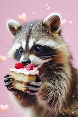 raccoon holding eating a slice of cake cute