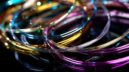 Poster - multicolor strings on reflective black background, abstract wallpaper