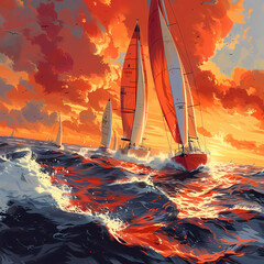 Wall Mural - Majestic Sunset Sailing Adventure on Fiery Ocean Waves