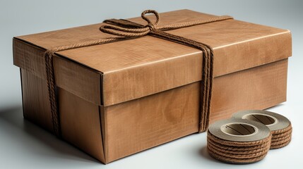 Aufkleber - Isolated on white background, brown cardboard box with tape.