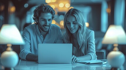 Poster - Two young businesspeople seated together at a table in a modern workspace are using a laptop with a smile. Two happy business people in an office using a laptop.