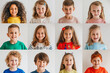 Many diverse ethnicity different children group headshots in collage. Lot of smiling multicultural faces looking at camera.