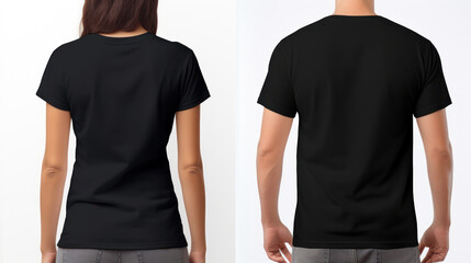 back views of a young man and woman in a black t-shirt isolated on a white background. Mockup for design