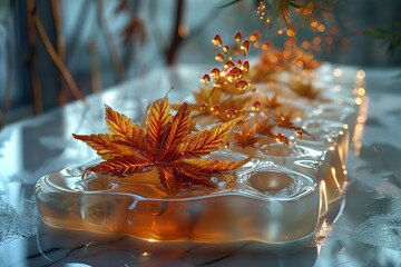Wall Mural - An amber maple leaf floats in a glass bowl of water on a table