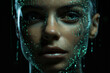 © soleg - a woman with a futuristic face and green holography lights particles on her face and a black background, cybernetics, computer rendering, sci-fi, cyber art