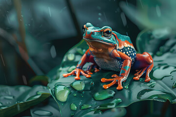 Wall Mural - A colorful frog sitting on top of a green leaf