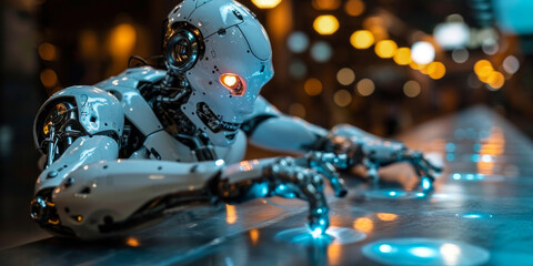 Poster - Human and AI collaboration concept showing a robot and person touching fingers with business idea icons