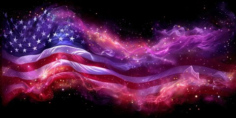 Wall Mural - The American Flag Cast Across a Cosmic Nebula, Symbolizing a Nations Ideals Woven into the Fabric of the Universe, Generative AI