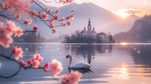 Medium Shot Photography, Spring Scenery At Lake Bled, With A Picturesque Island As The Background, During Swan Nesting Season